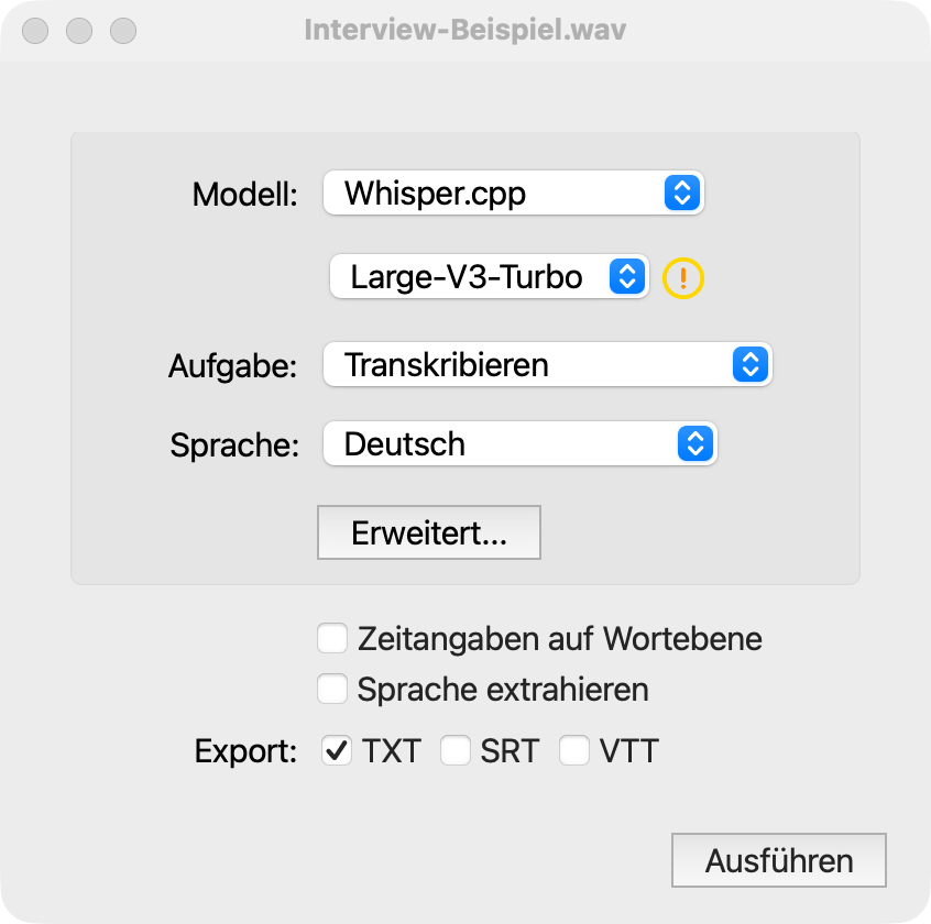 Einstellungsfenster mit Whisper.cpp, Large-V3-Turbo, Transkribieren, Deutsch und TXT