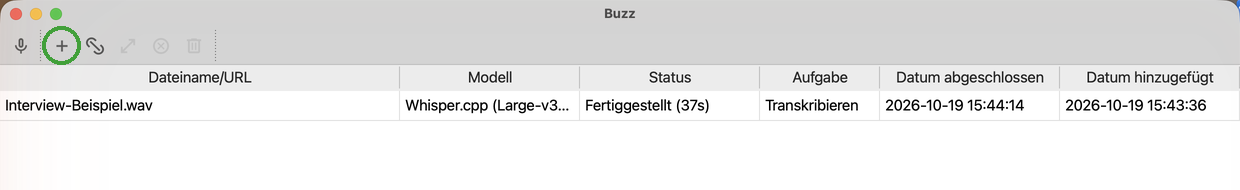 Buzz-Hauptfenster mit markiertem Plus-Symbol