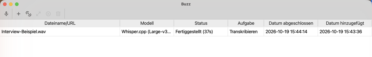 Buzz-Hauptfenster mit fertiggestellter Transkription