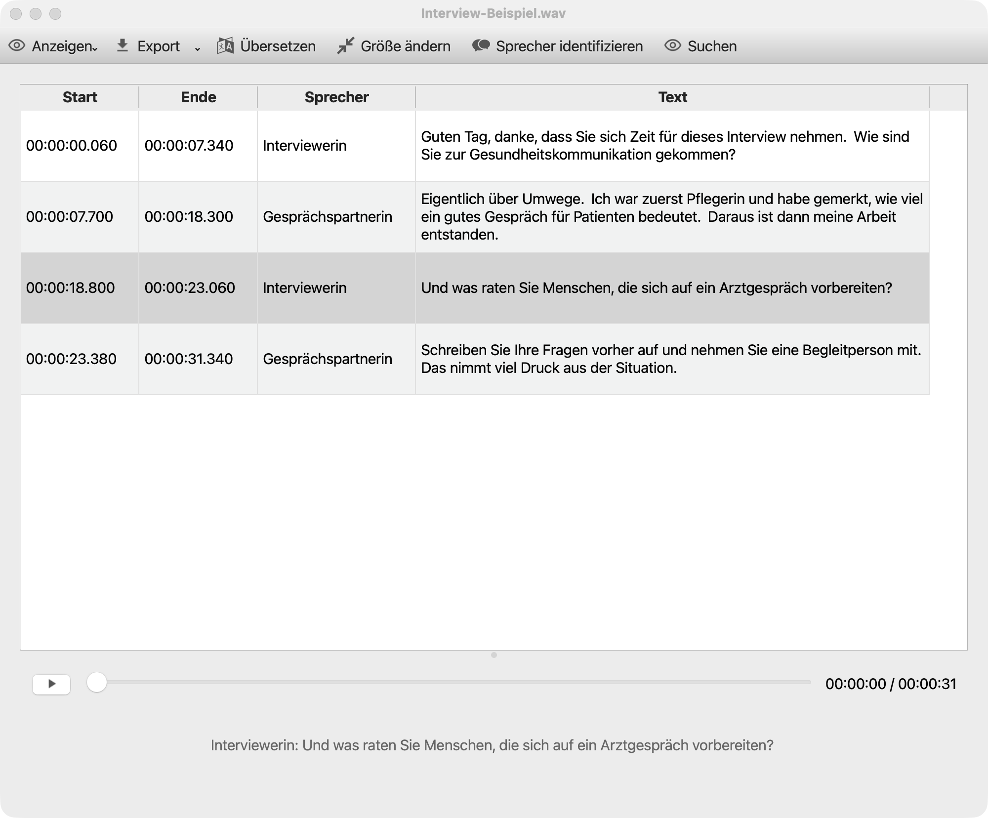 Transkriptionsansicht mit Zeitangaben, Sprechernamen und Text